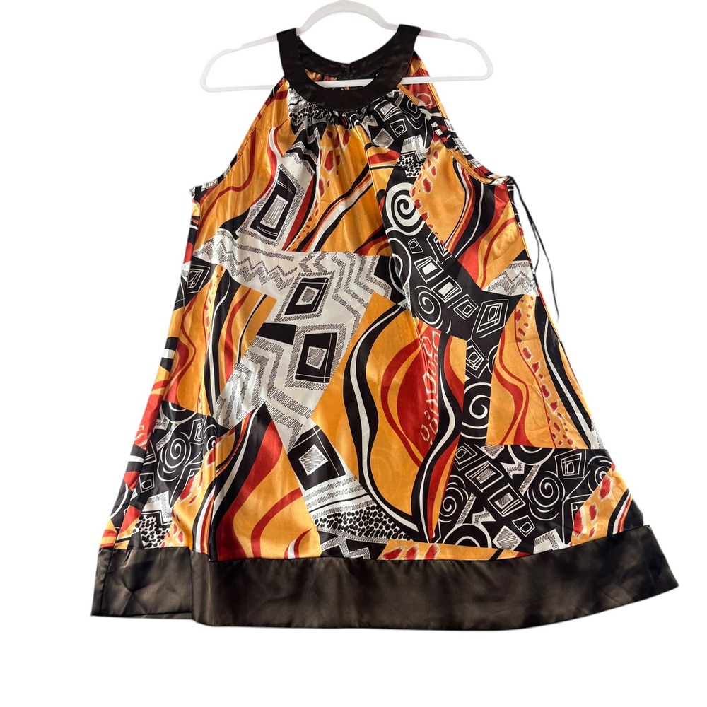 Ashley Stewart Geometric Abstract Print Satin Halter Dress Orange Black Size 14